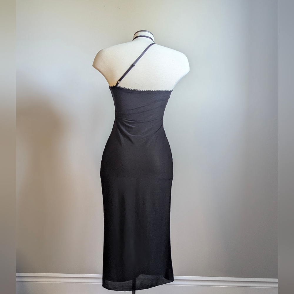 Y2K Black Halter Neck Midi Dress Strap 2000s Bodycon Party Cocktail Raw Edge - Picture 5 of 15